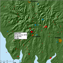 Historical and instrumental seismicity (all magnitudes) within 25 km of the epicentre since 1755