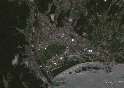 Google Earth /research/images of Rikuzentakata city, before and after the tsunami.